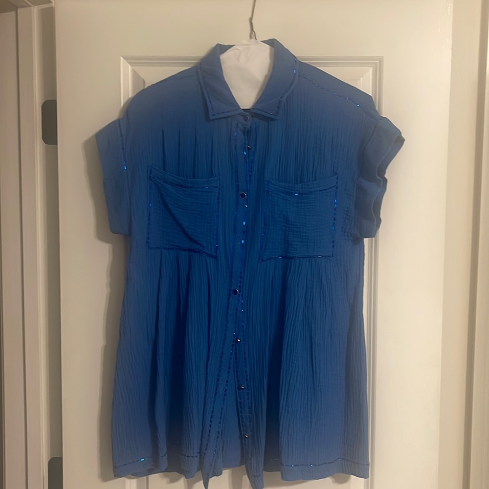 Queen of sparkles blue gauze button down dress